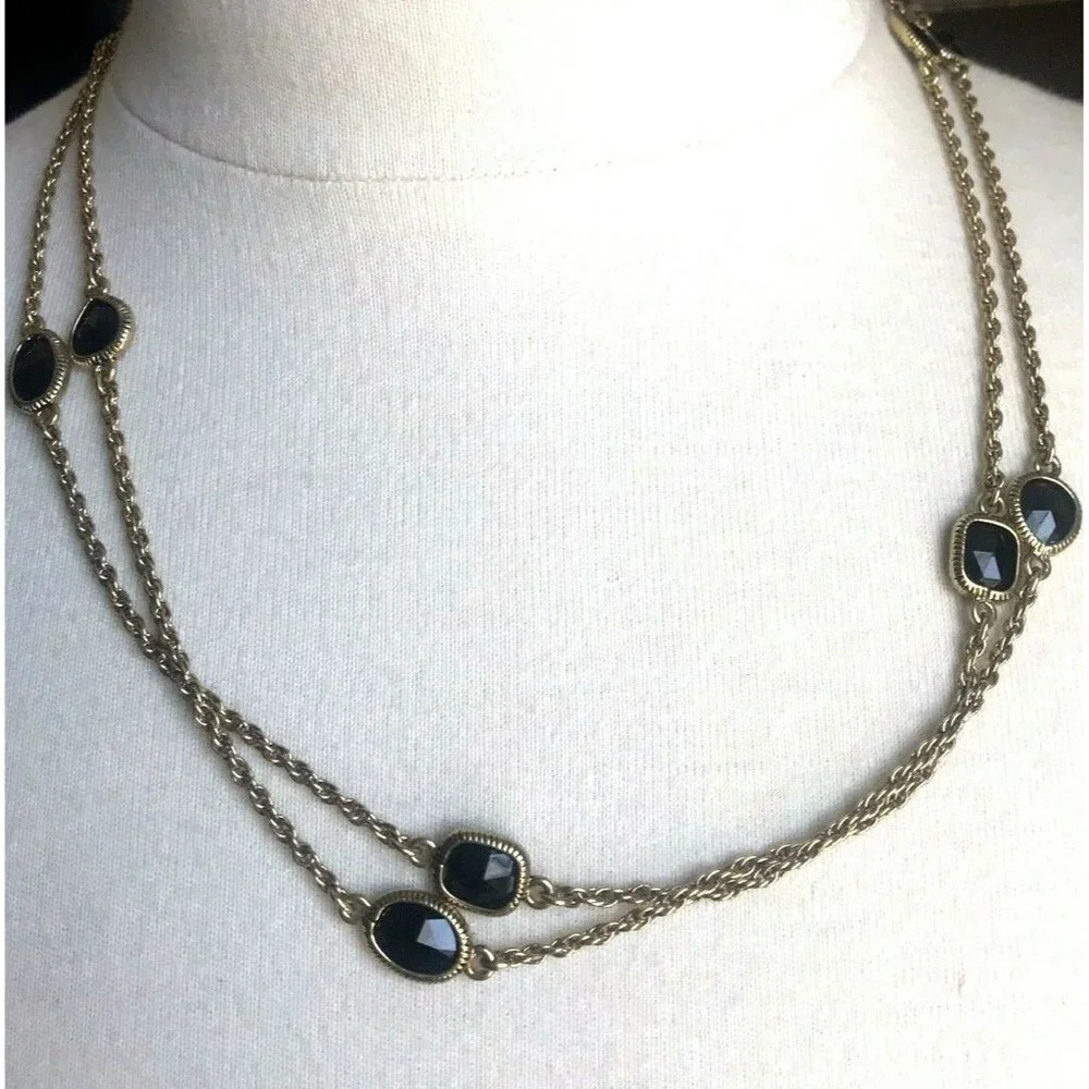 Monet Necklace Long Gold Chain Black Stones